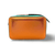 A metallic handbag with orange, pink, and green colors, featuring a compact rectangular shape with a zipper.