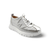 Silver metallic sneaker with a lace-up closure and a flat sole.