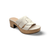 Off white slide sandal with a front strap and a wooden heel