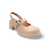 Nude patent leather slingback shoe with a round toe and platform heel, featuring an adjustable buckle strap.