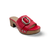 Red slide sandal with silver buckle and decorative studs, featuring a wide wood-effect block heel and an open toe.