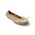Gold metallic leather ballet flat with a matching bow detail on the toe.
