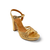 Gold metallic high heel sandal with a buckle closure and platform heel