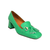 Green leather heel loafer with a block heel, tassel detail, and a metallic ornament on the vamp.