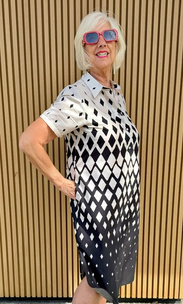24-354 Black and Cream Geo Shirt Dress