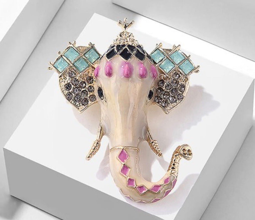 Jewelled Elephant Cream Brooch