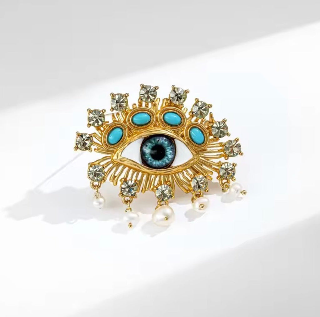Blue Evil Eye Pearl Brooch