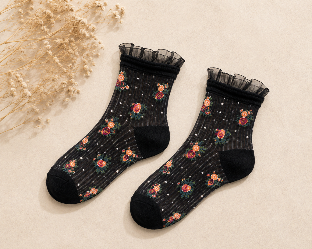 Black Mini-floral Ribbed Sock