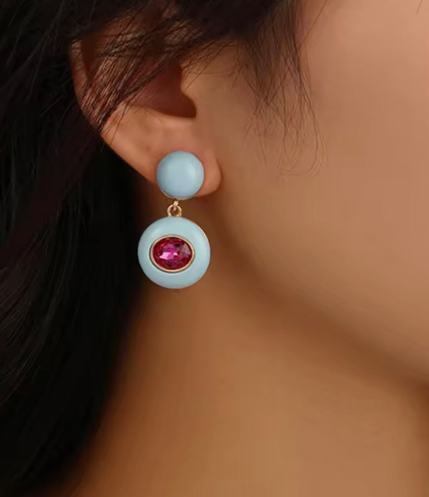 Blue enamel with pink crystal earring