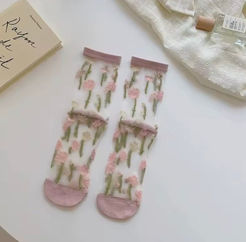 Pink Mini Flower Mesh Sock