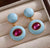 Blue enamel with pink crystal earring