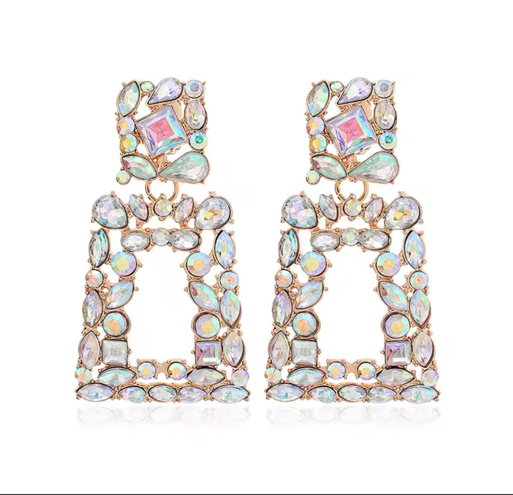 Iridescent Jewelled Square Clip On Earrings