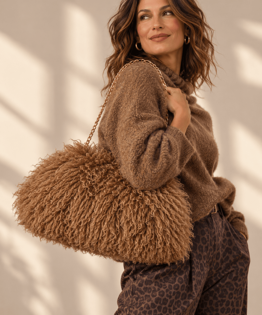 Honey Long Hair Large Clutch Caffe