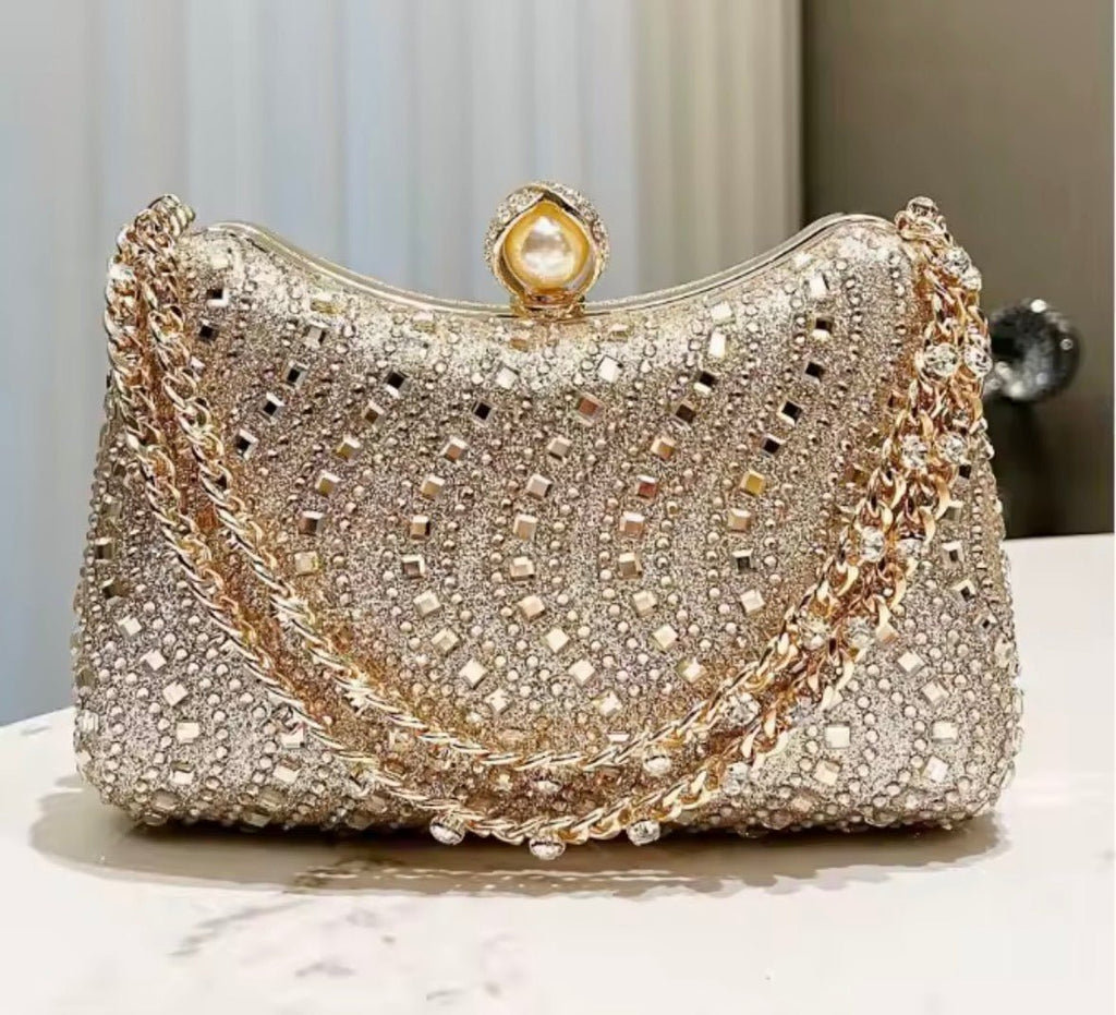 Gold Double Strap Crystal Clutch