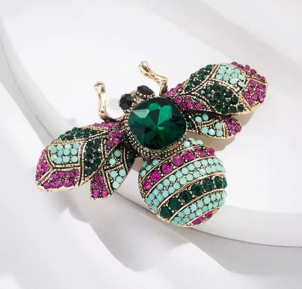 Emerald/Pink Bee Brooch