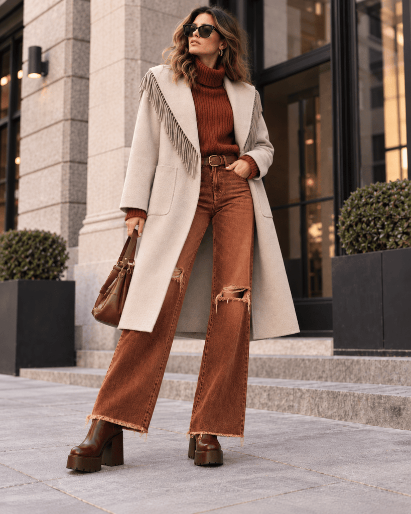 263912 Thigh Length Oatmeal Fringe Coat