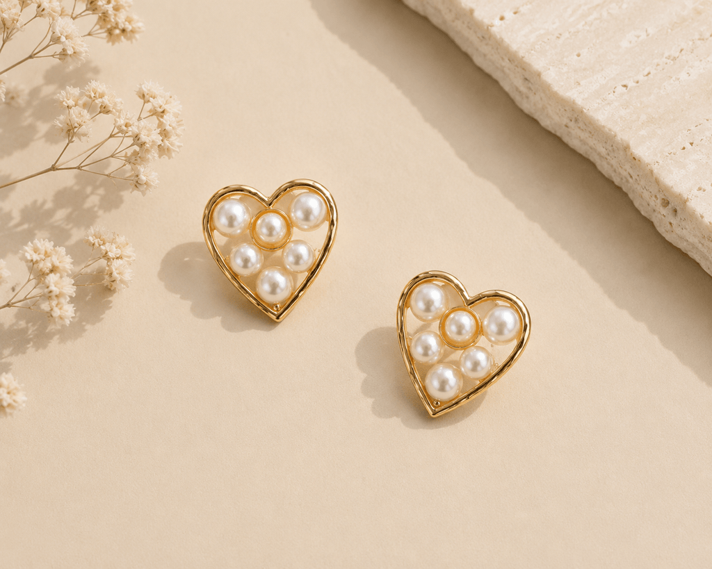 Gold Pearl Heart Earring