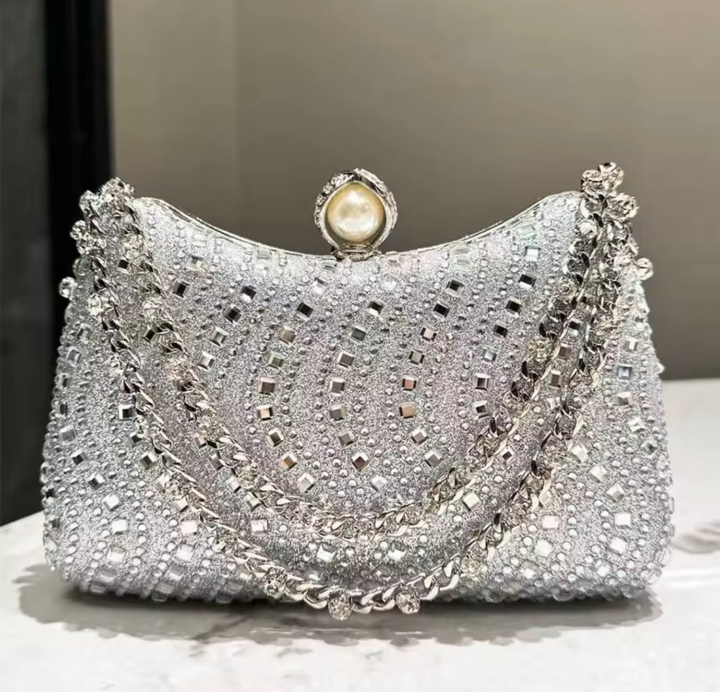 Silver Double Strap Crystal Clutch