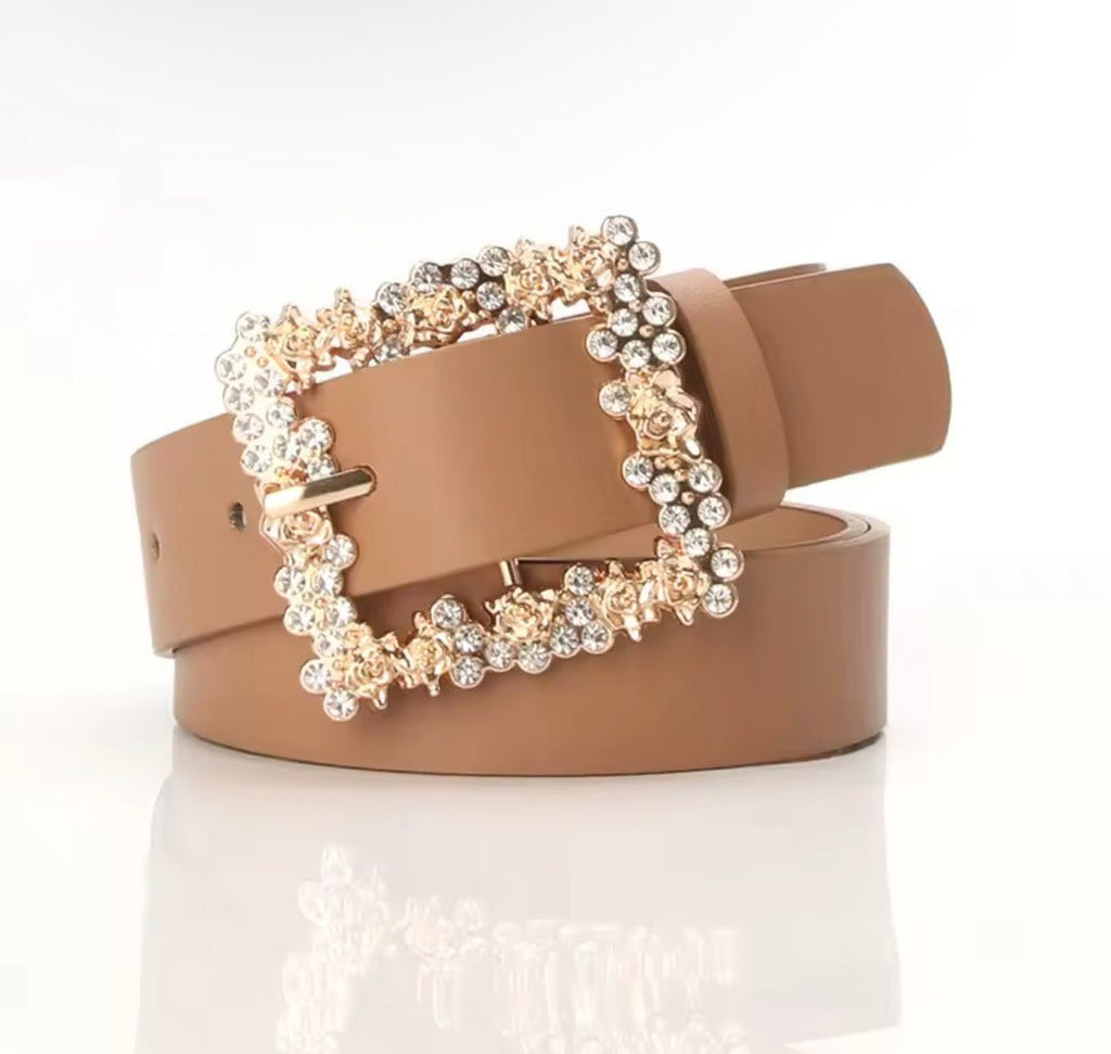Tan Rhinestone Square Belt