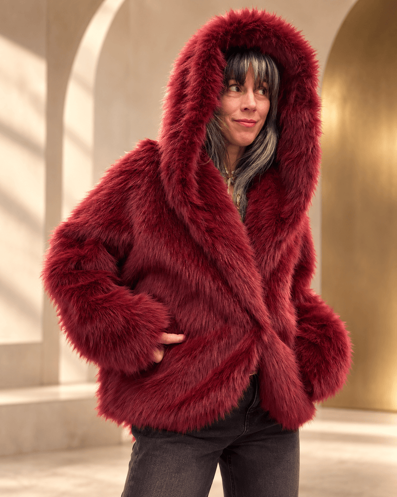 Sally Crop Red Faux Fur Bomber with Hood RESTOCKING November