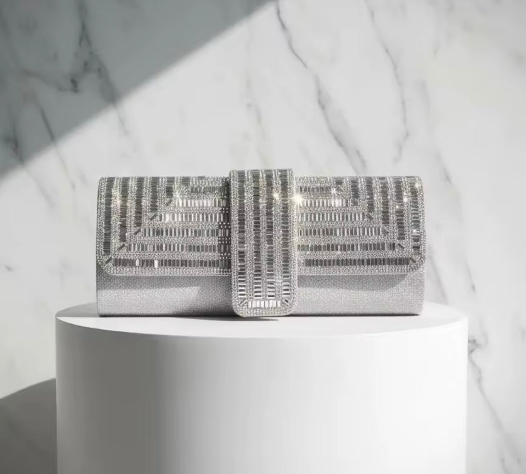 Silver Rhinestone Envelope Clutch