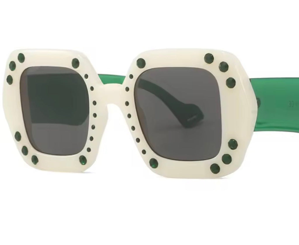 Square Ivory and Green Chunky Sunglasses