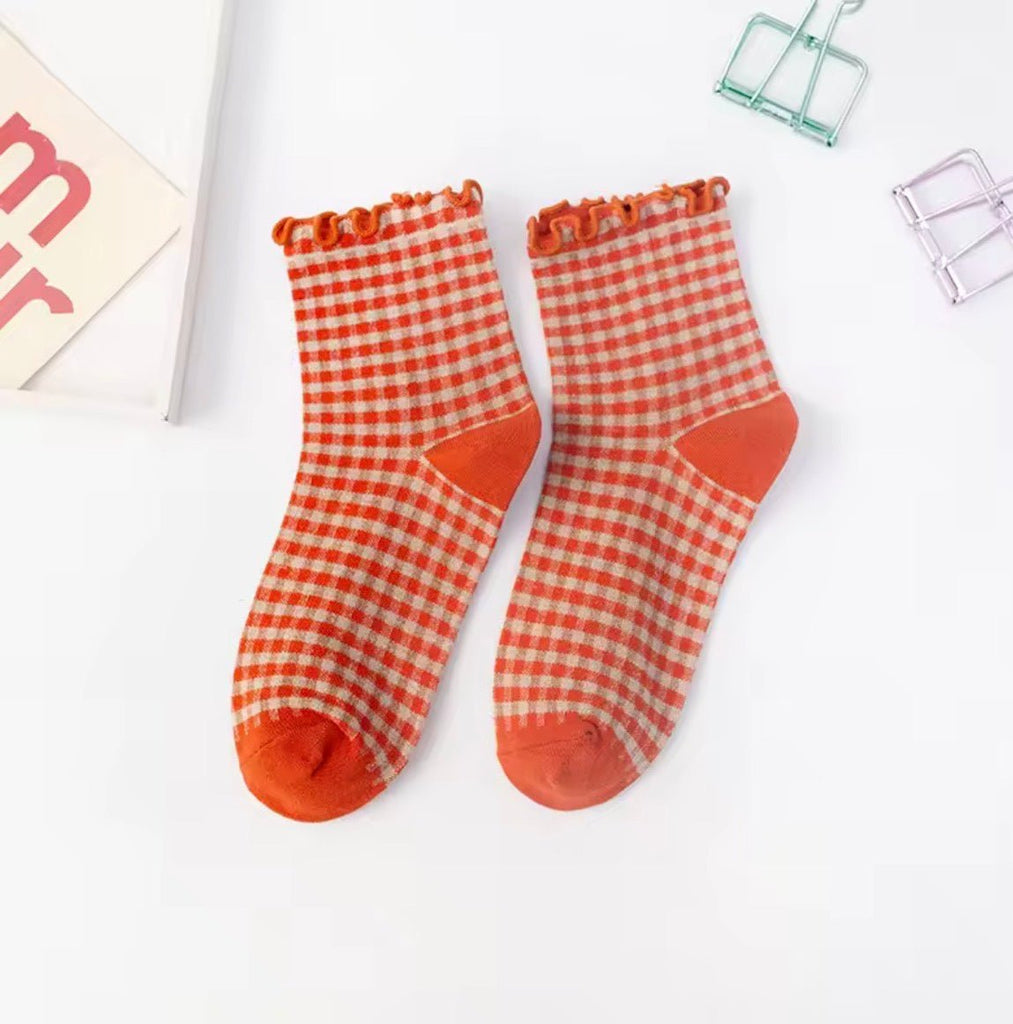 Rust Ruffle Check Sock