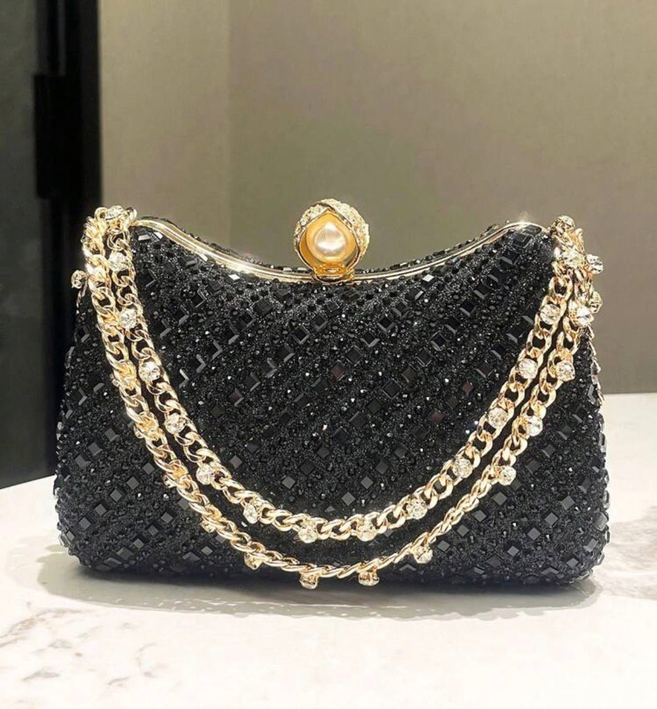 Black Double Strap Crystal Clutch