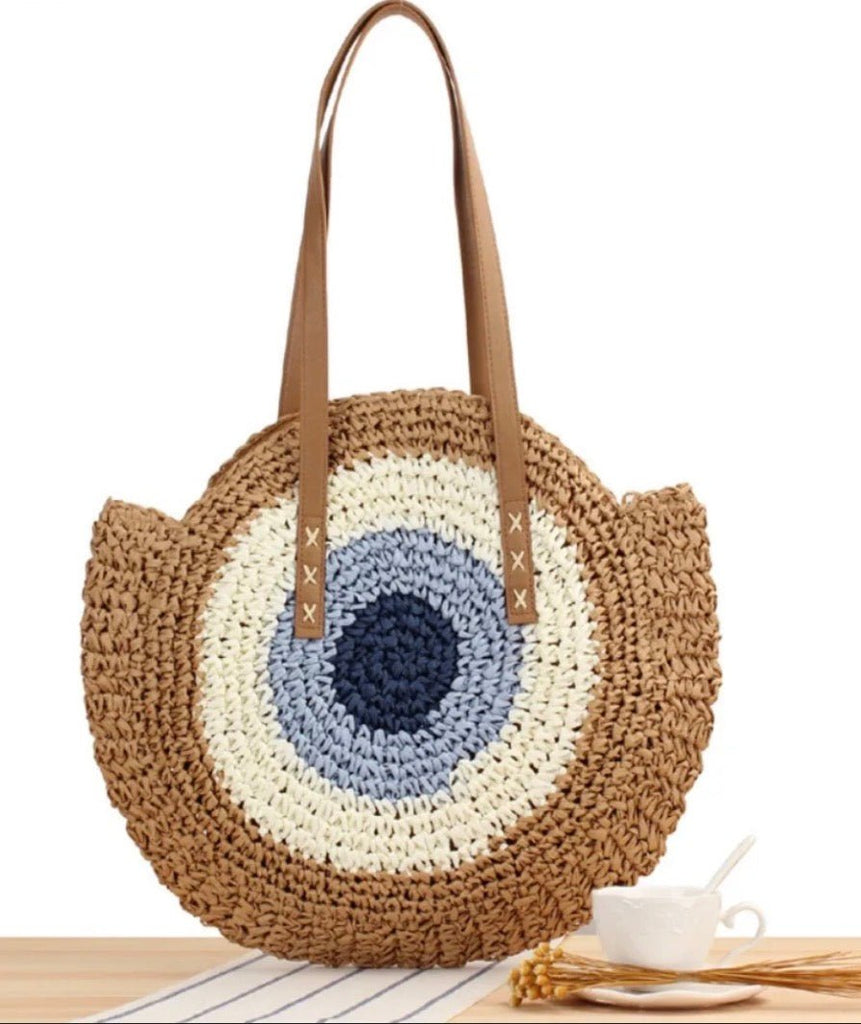 Tan/Blue Straw Beach Tote