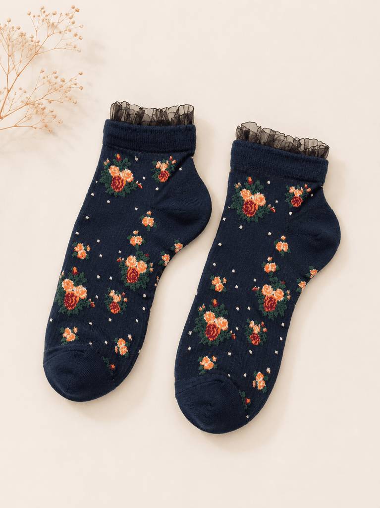 Navy Mini-floral Ribbed Sock