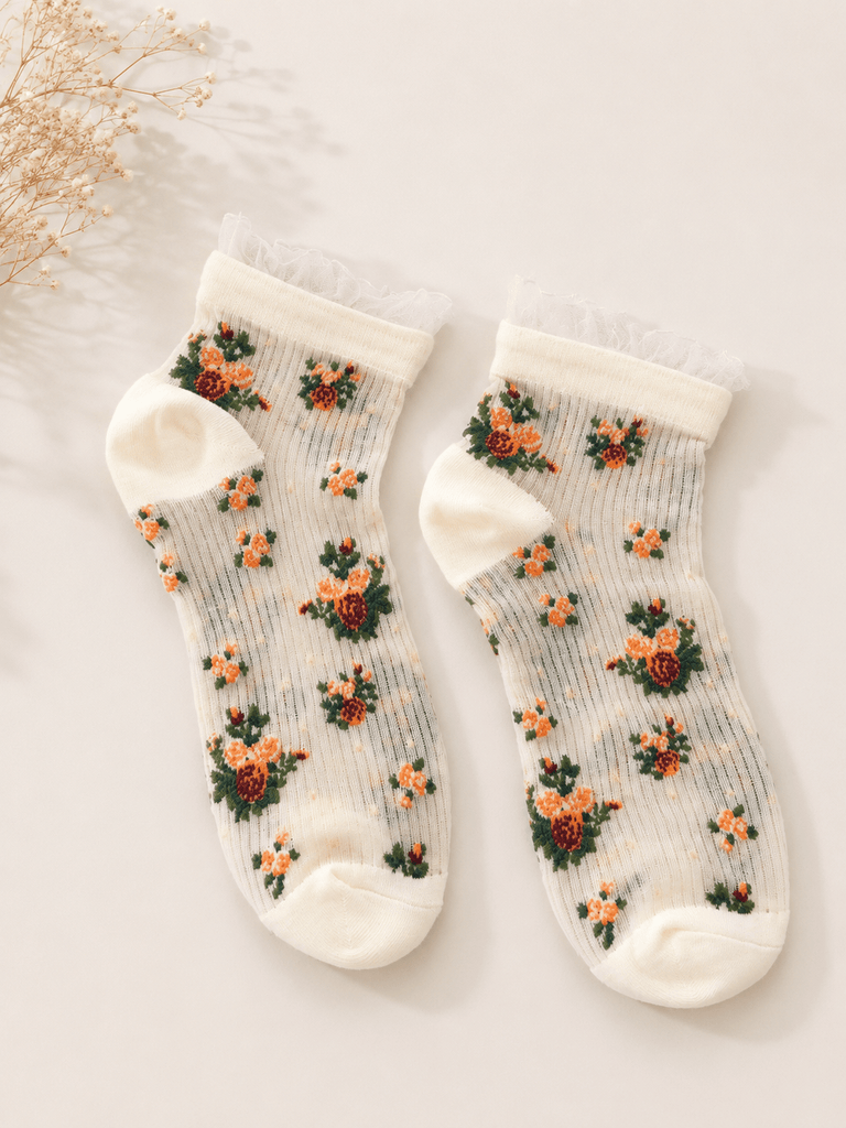 Ivory Mini-floral Ribbed Sock