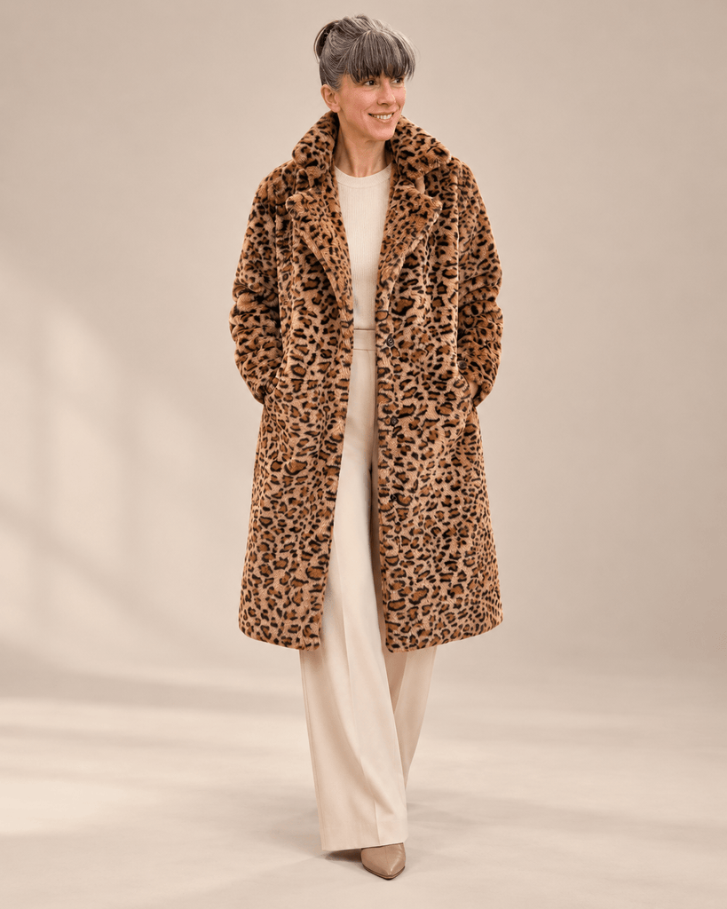 Jollie Animal Print Faux Fur knee Length Coat