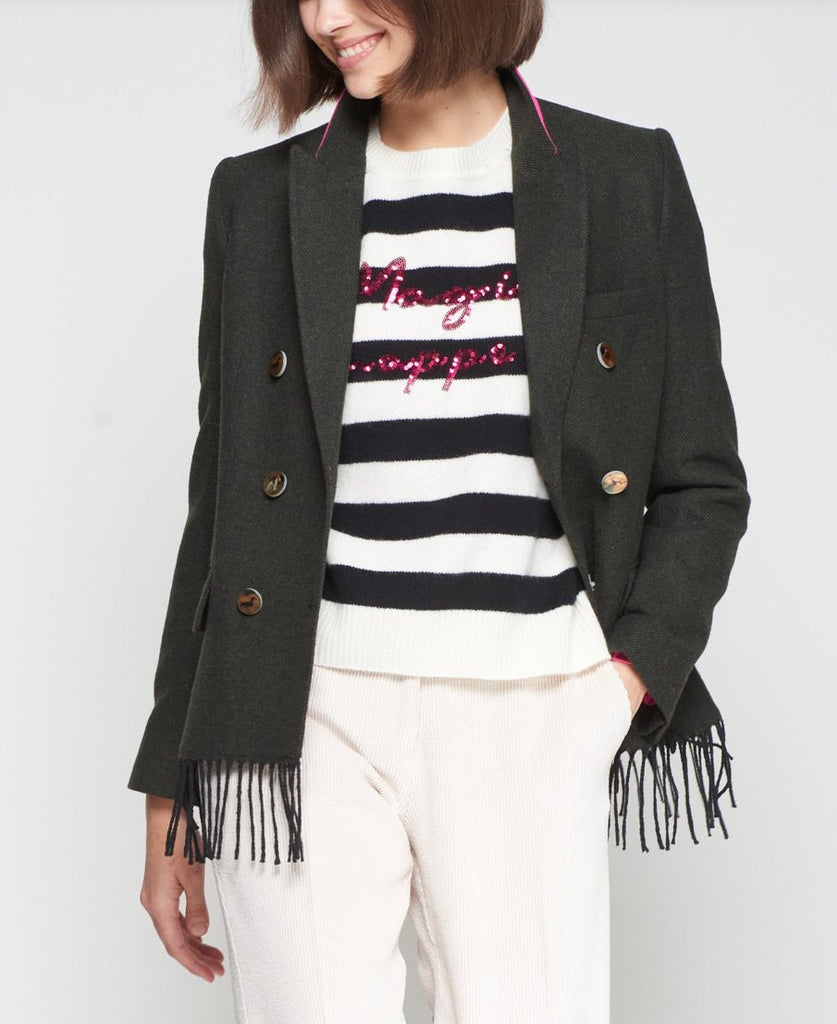Black double breasted blazer with fringe