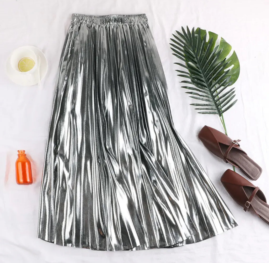Holiday Long Silver Foil Pleated Skirt