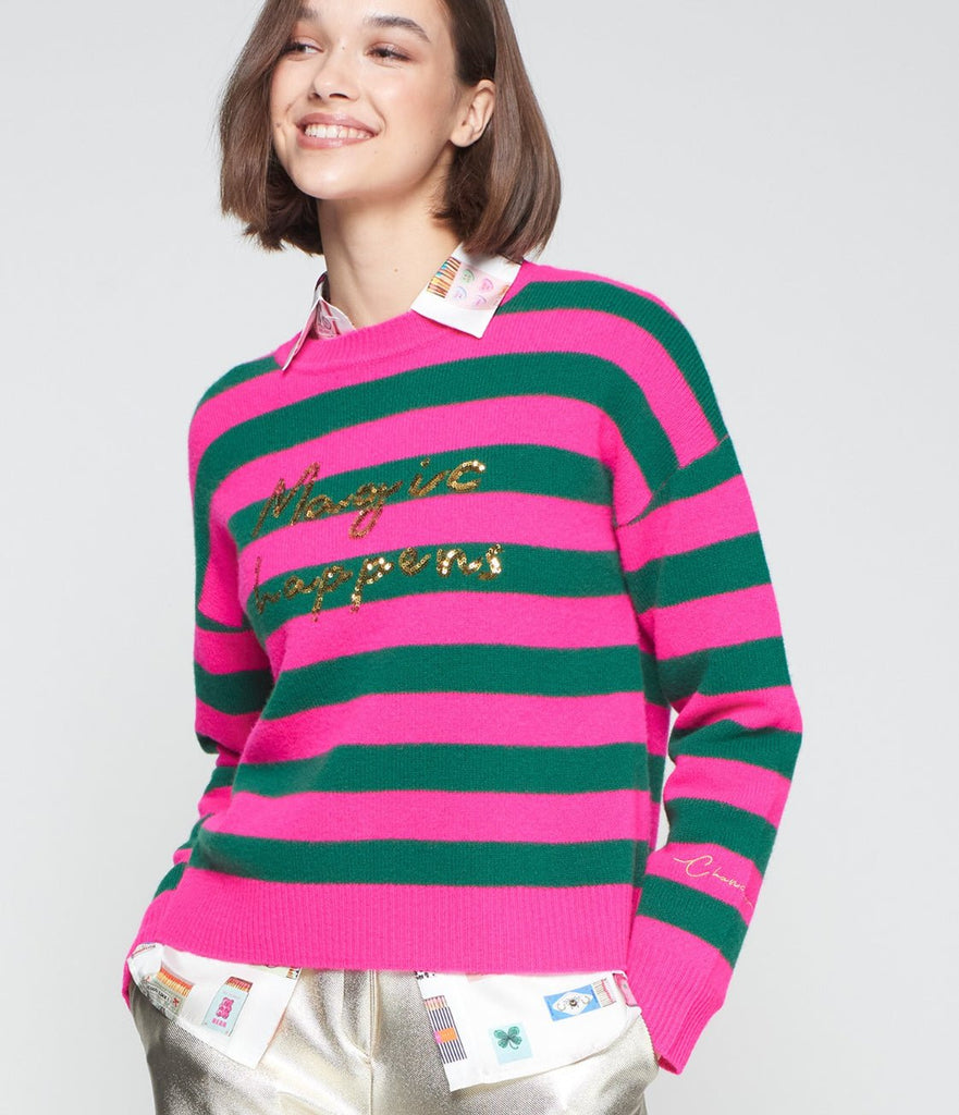Pink and green striped sweater with gold sequin embroidered phrase