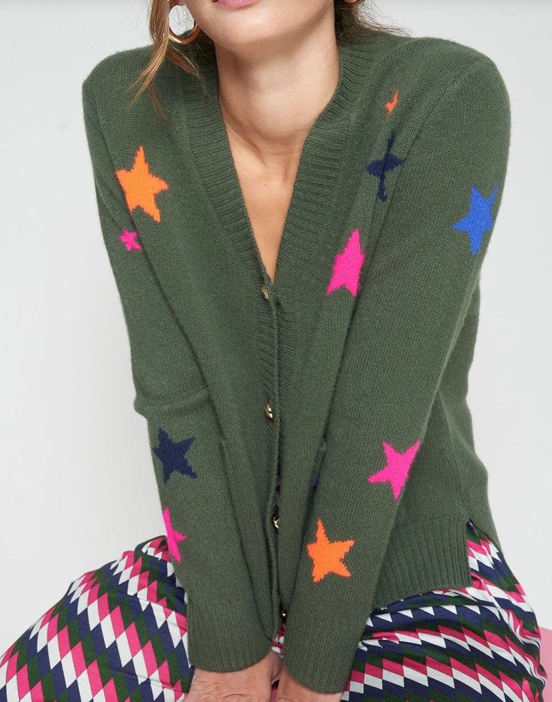 Green cardigan with colorful star patterns 