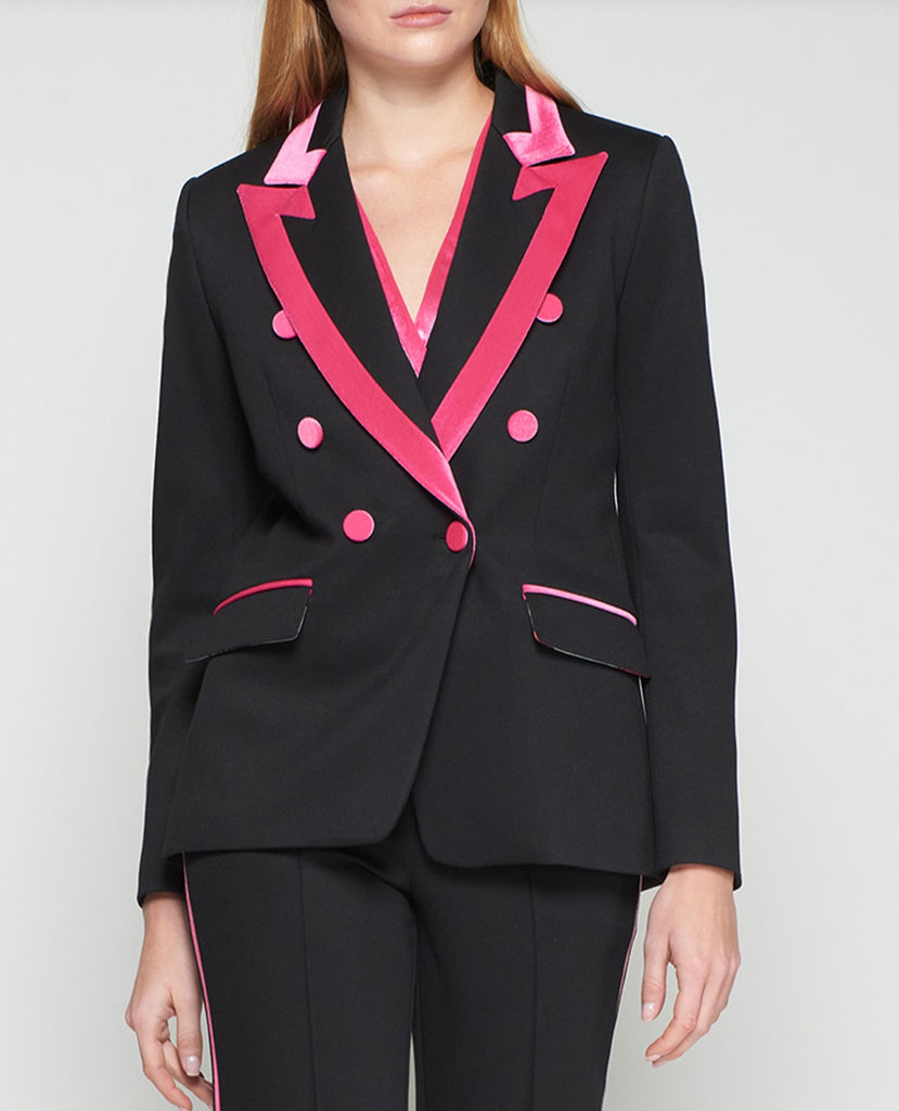 Black double breasted jacket with pink accents