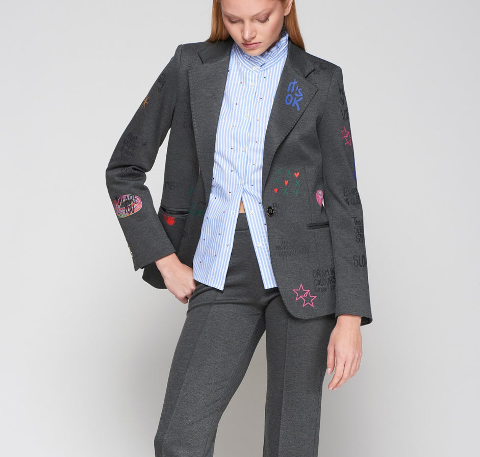 Grey blazer with various patches 