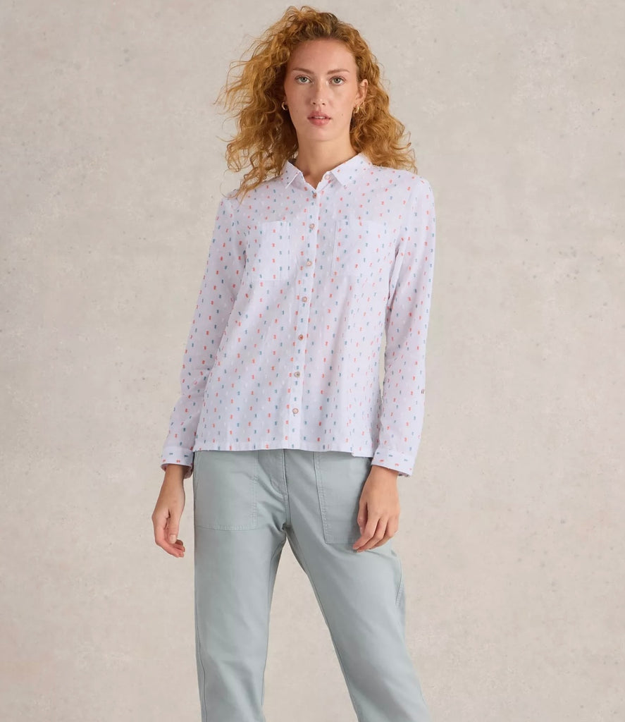 Front view ivory multi cotton shirt