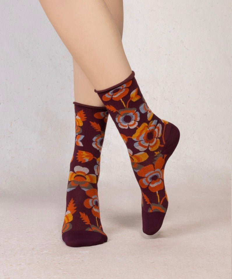 6627 Plum Cotton Flowers Socks