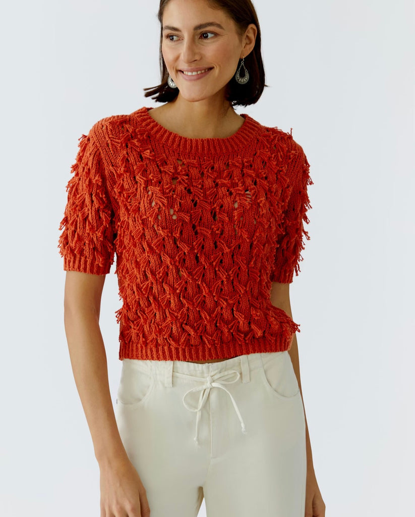 97428 Orange Knit Fringe Top