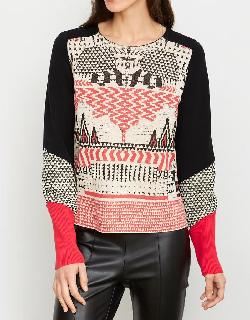 Patterned sweater with black, red, and beige design 