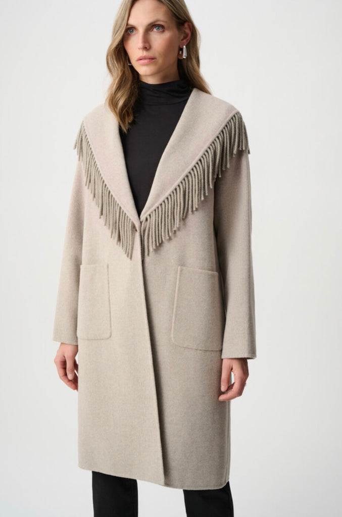263912 Thigh Length Oatmeal Fringe Coat