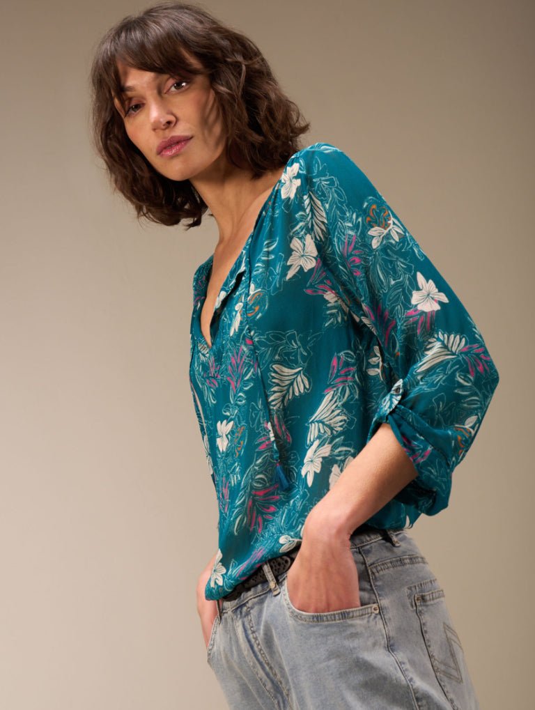 F25150 Chiffon Teal Print Blouse