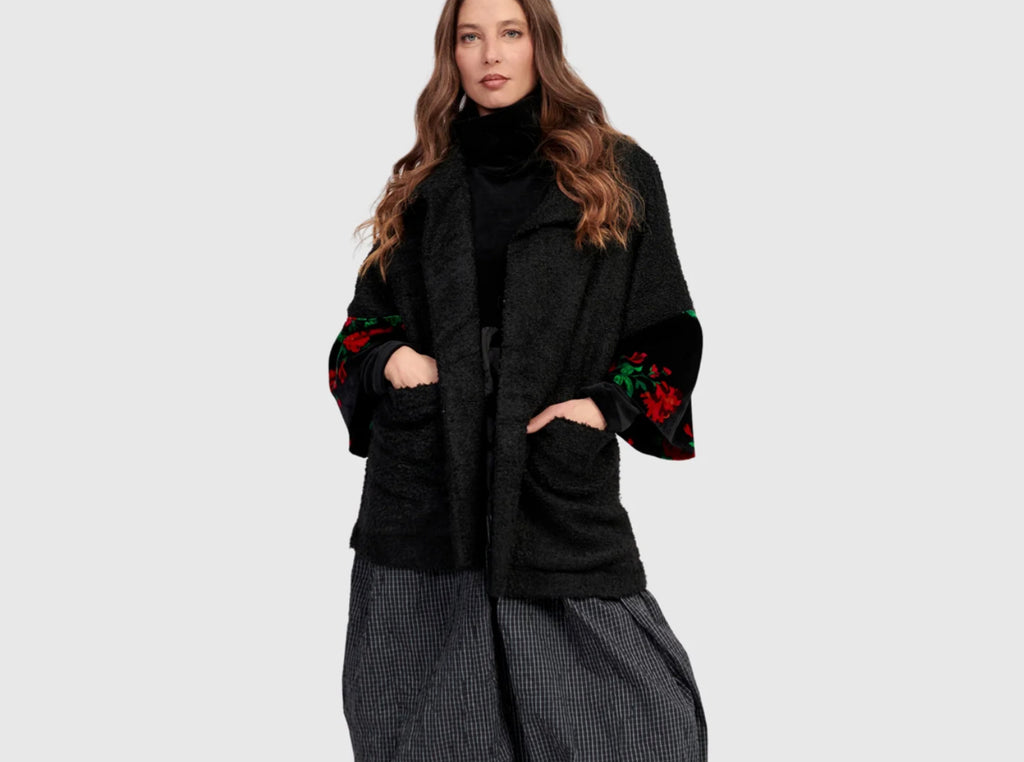Black coat with kimono velvet floral sleeves