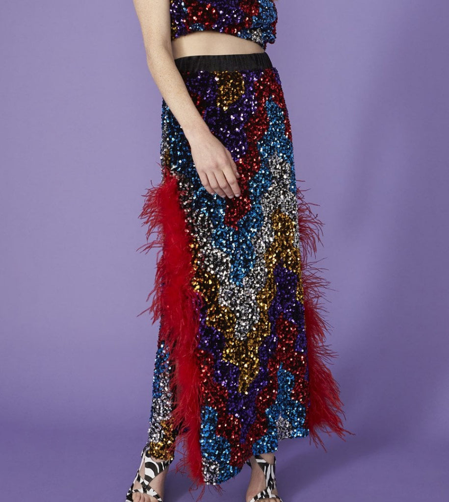 Multicolored sequin skirt with red feathers on a purple background