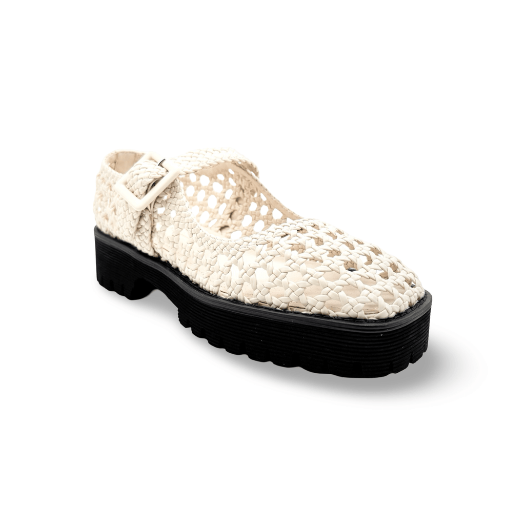 Cream woven Mary-Jane shoe with black platform heel sole 