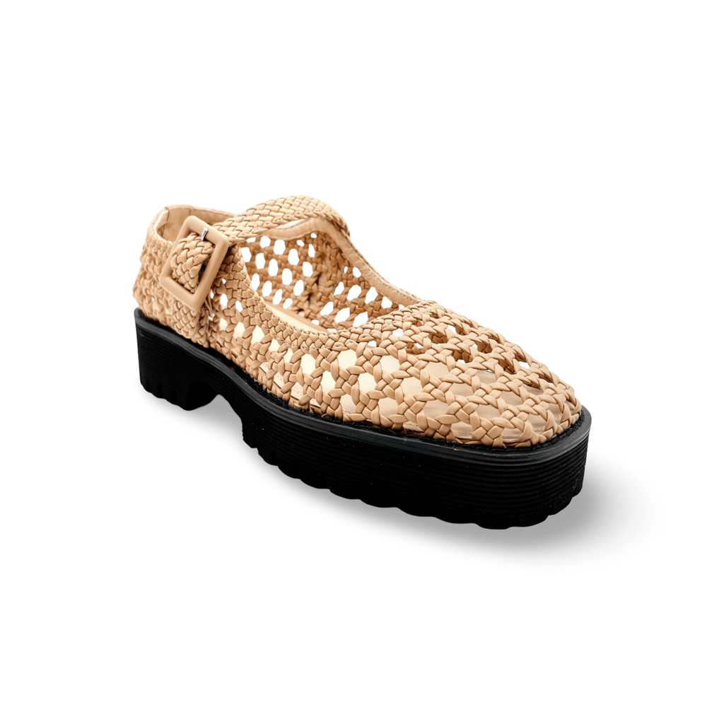 Tan woven Mary-Jane shoe with black platform heel sole 