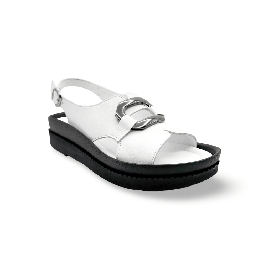 White sandal with black sole and buckle detail 