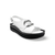 White sandal with black sole and buckle detail 
